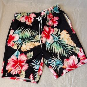 NO Brand Name Men’s Lined Black Hawaiian Floral Swim Trunks Large